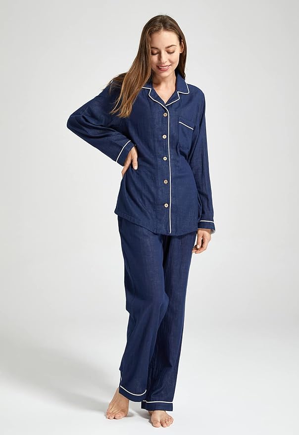 Womens Pajama Sets 100% Double Gauze Cotton Linen Like Muslin Pajamas Long Sleeve Button Down Sleepwear Soft Pjs Lounge Set