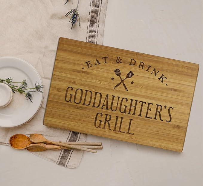 Andaz Press Large Bamboo Wood BBQ Cutting Board Gift, 17.75 x 11-inch, Goddaughter's Grill, 1-Pack, Laser Engraved Serving Chopping Board Christmas Birthday Chef Kitchen Ideas