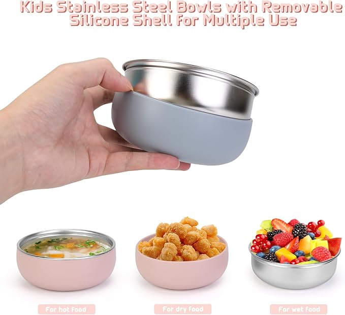 ShineMe Stainless Steel Baby Bowls, 2 pack Toddler Bowls with Removable Colorful Silicone Sleeve, Unbreakable Kids Bowls Non-Slip for Candy, Soup, Cereal, Yogurt, Snacks...