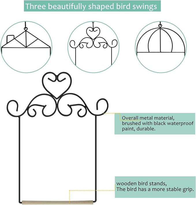 Metal Frame Hummingbird Swings and Perches with Wooden Dowel Black Bird Swing Outdoor Bird Perch Humming Bird Swing (3PK Different)