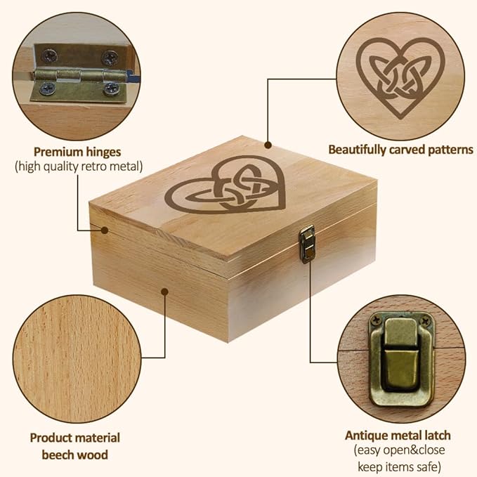 arricraft 1 Pc Love Theme Wooden Memory Keepsake Box, Irish Love Knot Metal Knot Box with Hinged Lid Photo Boxes for Office Storage Keepsake Chest for Anniversary, Wedding, Memory, Valentines Day
