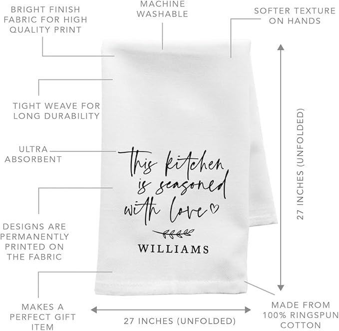Andaz Press Personalized Kitchen Towel, Flour Sack Tea Towel, This Kitchen is Seasoned with Love Custom Family Name Kitchen Gifts Birthday for Mom Daughter Grandma, Housewarming Gift for Couples