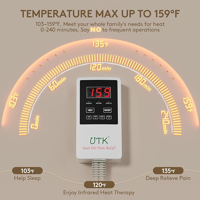 UTK Infrared Heating Pad for Back, Luxury Gift Design, 5X Deeper Pain Relief, FSA-HSA Eligible, Included Jade Bracelet,Replacement Cover Bag,Travel Bag, Hotter to 159℉, Gifts for Women Men,24'' x 16''