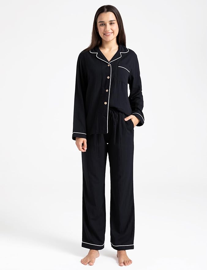 Womens Pajama Sets 100% Double Gauze Cotton Linen Like Muslin Pajamas Long Sleeve Button Down Sleepwear Soft Pjs Lounge Set