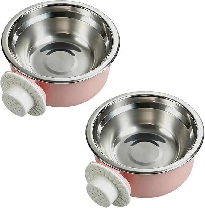 2Pcs Pets Lightweight Stainless Steel Bowl,Removable Stainless Steel Pet Hanging Food Water Feeder Bowl for Puppy Dog Cat Rabbit Ferret Bird Gunea Pigs (Pink-Medium)