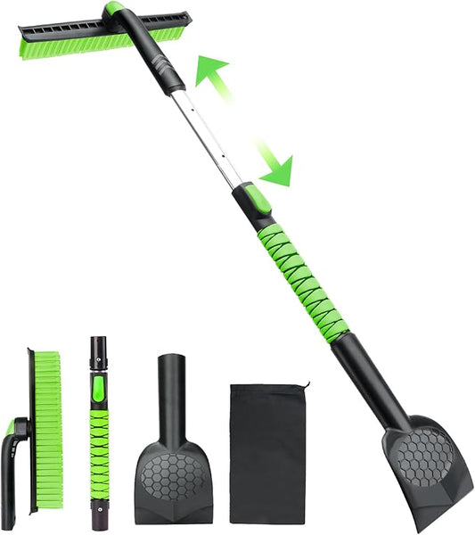 45.6" Ice Scraper and Snow Brush for Car Windshield [Silicone Bristles] ,3-in-1 Extendable Emergency Snow Shovel with Ergonomic Foam Grip and 360° Pivoting Brush Head for Christmas, Car Auto Truck SUV
