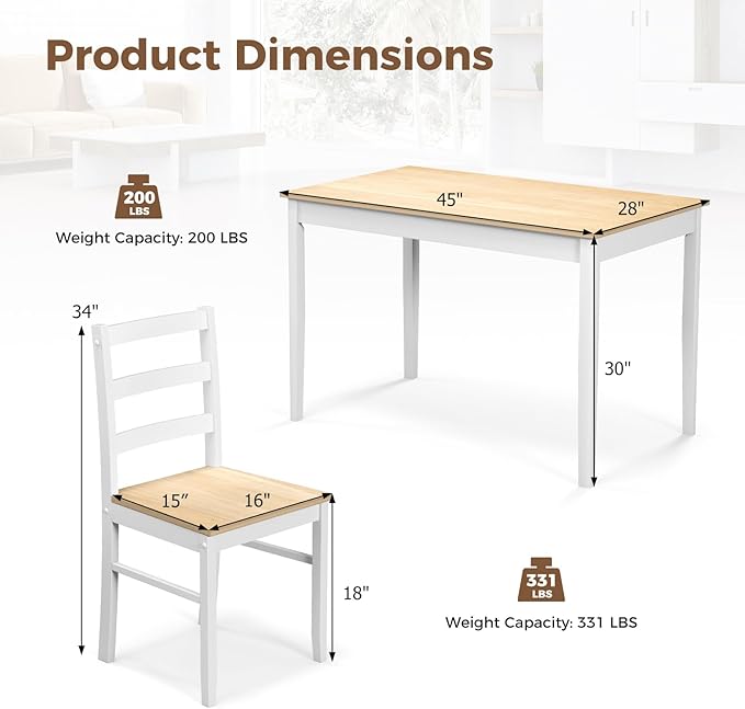 Tangkula Dining Table Set for 4, Solid Wood, Farmhouse Dinette Set w/Rubber Wood Legs, Compact Dining Table and Chairs Set for Kitchen, Dining Room (Natural+White)