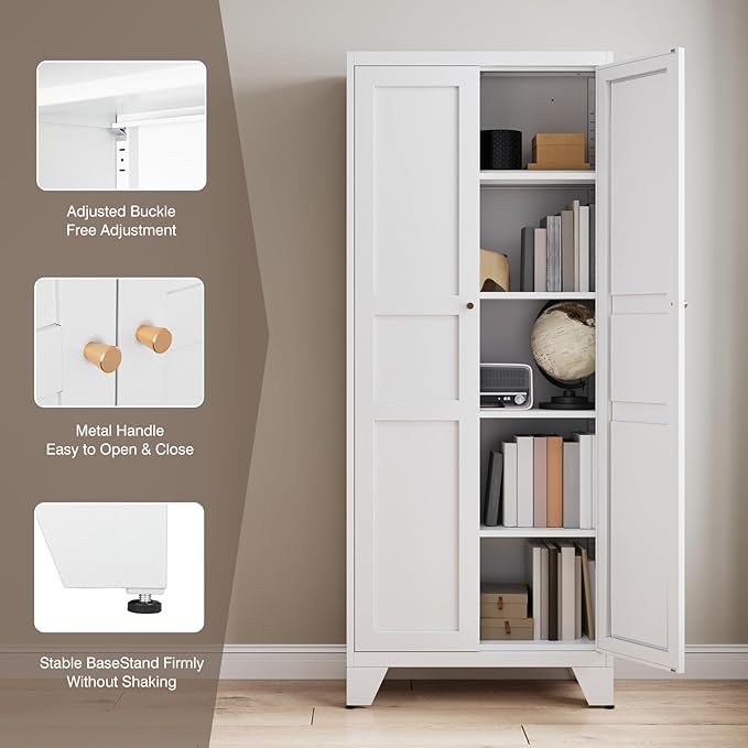 Yizosh Metal Storage Cabinet with 2 Doors and 4 Adjustable Shelves - 71" White Kitchen Pantry Storage 4-Tier Tall Steel Cabinets Locker for Kitchen, Living Room, Dining Room