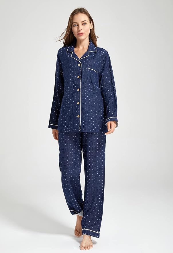 Womens Pajama Sets 100% Double Gauze Cotton Linen Like Muslin Pajamas Long Sleeve Button Down Sleepwear Soft Pjs Lounge Set