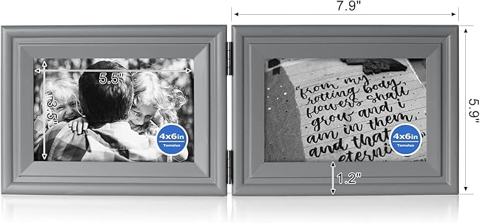 4x6 Double Horizontal Hinged Picture Frame Folding Photo Frame in Gray Pine Wood with Real Glass for Tabletop X2-HUI-2H46