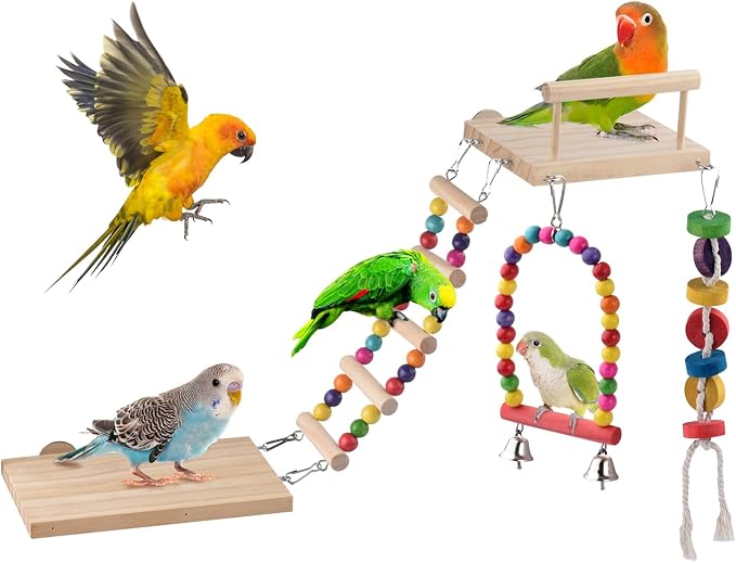 DBNESS 5in1 Bird Parakeet Toys, Detachable Birdie Perches Platform Swing with Climbing Ladder, Parrot Cage Stand Accessories, Wooden Playing Gyms for Conure Cockatiel Lovebird Finch Budgerigar Pigeon