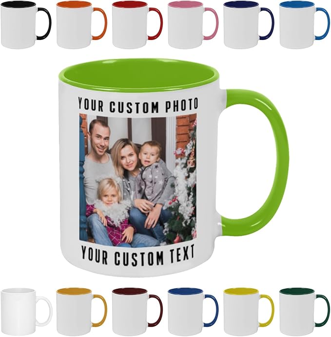 Personalized Coffee Mug with Photo, Logo or Text - Customized Gift Idea for Men & Women, Mom, Dad, Friends - Christmas Birthday Valentines Gifts, Party Favors Tea Cup - White/Light Green