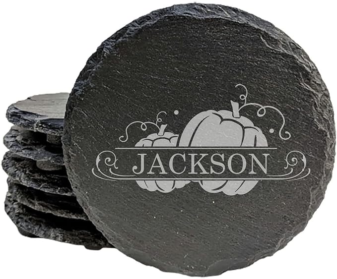 Personalized Monogram Family Coasters, Natural Stone Set, Birthday, Wedding, Customized, Rustic - Round Slate - Set of 8