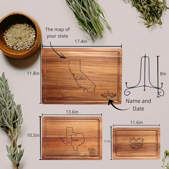Personalized state-shaped and named date platters, carved wooden cutting boards, custom cheese boards as Mother's Day, wedding, housewarming gifts (Acacia decurrens S11.6X7.7X0.5in)