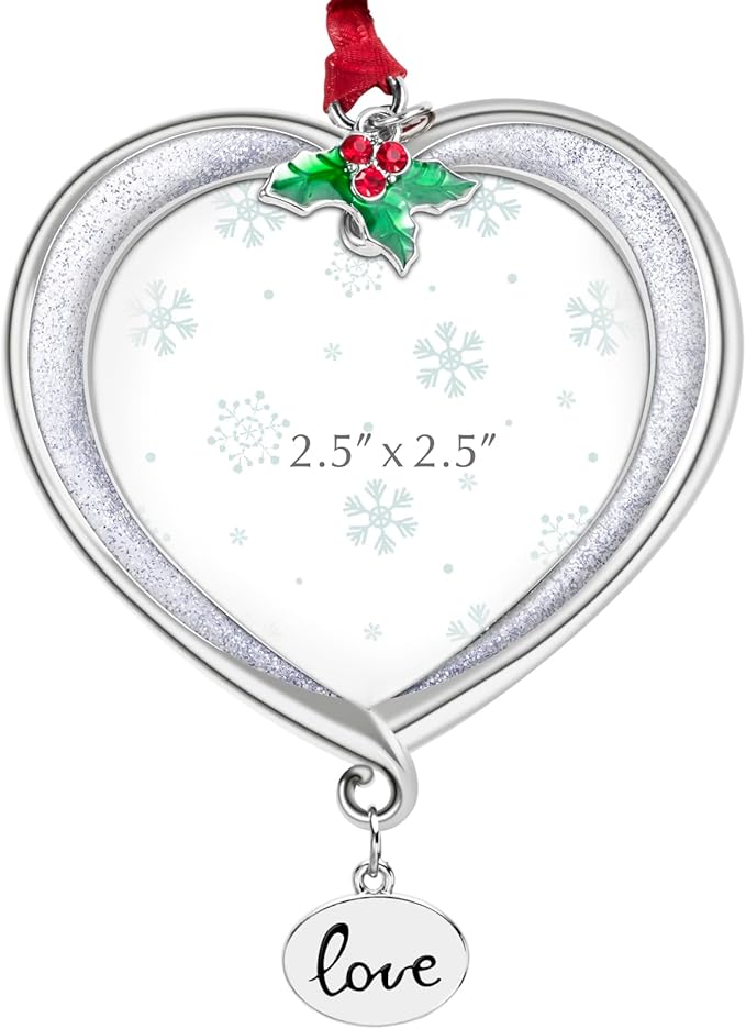 Christmas Tree Ornament Picture Frame Metal Hanging Pendant Holiday 2.5" Photo Frame Charm Decorative of Pets, Baby First Christmas, Family (Love White)