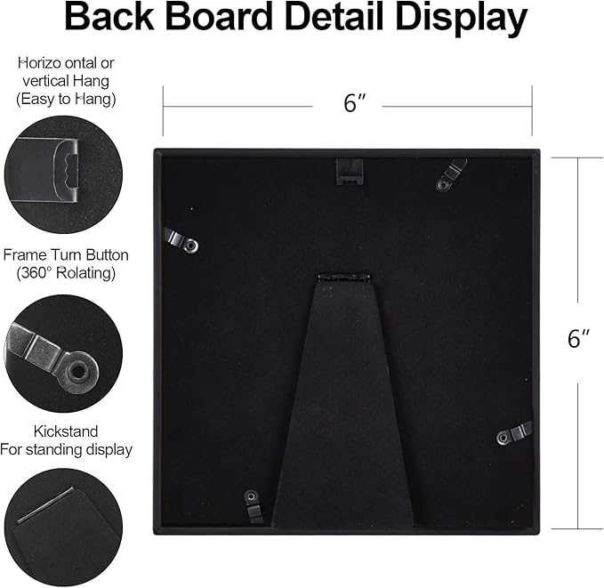 6x6 Picture Frame Set of 2, Black Modern Simple Thin Aluminum Metal Square Photo Frame with HD Glass, Display for Tabletop and Wall, 2 Pack