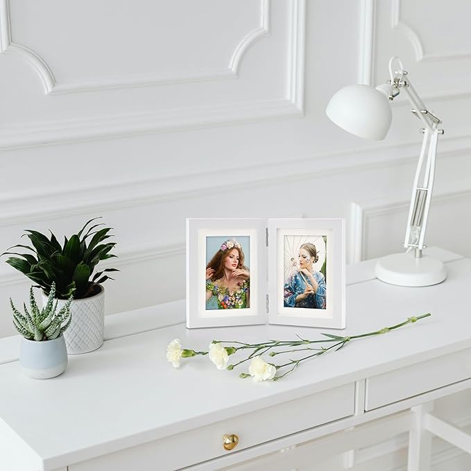 Double Hinged 5x7 Picture Frame with Tempered Glass-Tabletop or Wall Mounted, Display for 4x6 & 5x7 Photos (with/without Mat)-Matte White, For Family Photos & Wedding Memories-B57X2