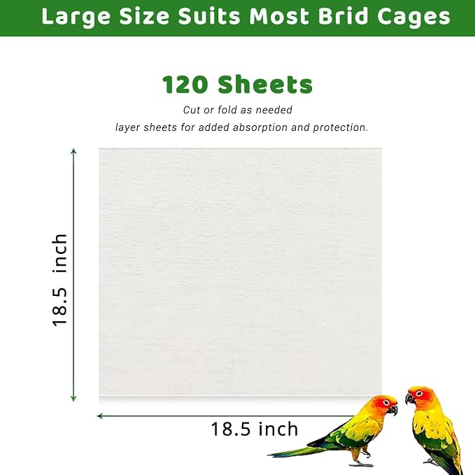ZIQON 120 Pcs Bird Cage Liner Papers Big Size Cage Paper Liners Disposable Cage Paper Liners Precut Absorbent Cushion Pad Mat Accessories for Pet Bird Parrot (White, 18.5 * 18.5 inch)