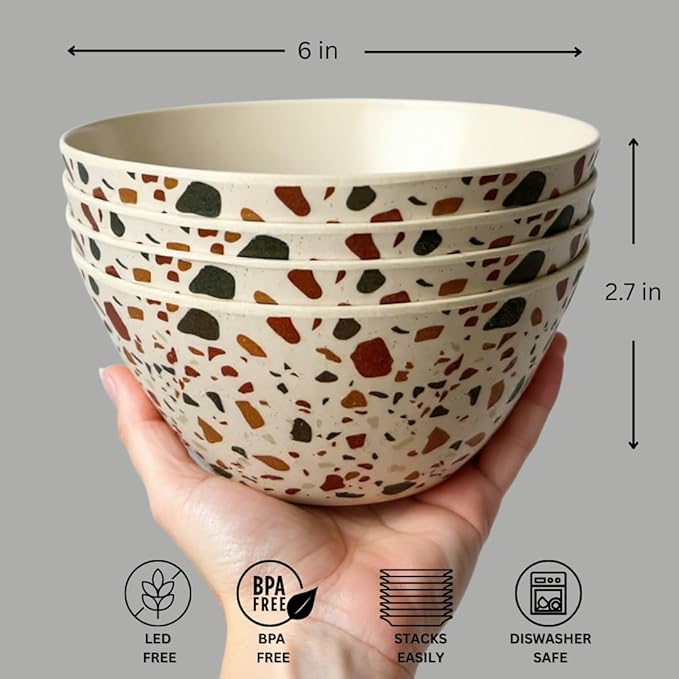 Bamboo Bowl Set of 4 – 6 Inch 20 oz Durable Deep Cereal and Snack Dishware for Kids and Toddlers – BPA Free, Dishwasher Safe, Lightweight Alternative to Plastic or Ceramic (Sunset)