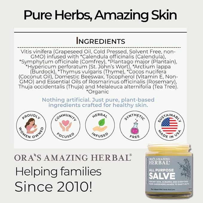 Ora's Amazing Herbal All Purpose Salve, Herbal Healing Skin Balm with Tea Tree, Natural Cream for Dry Cracked Hands, Comfrey Calendula Plantain Thyme Beeswax, Soothing Itch Relief, 4 oz