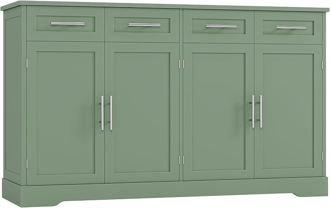 HOSTACK 60" Large Buffet Sideboard with Storage, 36" Tall Kitchen Buffet Storage Cabinet with 4 Drawers, Modern Coffee Bar Cabinet with Gold Handles, Long Sideboard Buffet Table for Kichen, Green