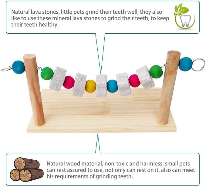 Hamster Wood Ledge Platform with Lava Stone Chew Block, Cage Rest Shelf Climbing Toy for Dwarf Hamsters, Sugar Gliders, Parakeets | Wooden Climb Rest Shelf,Teeth Grinding Toys for Rat Sugar Gliders,Nail Trimming Bird Perch Stand
