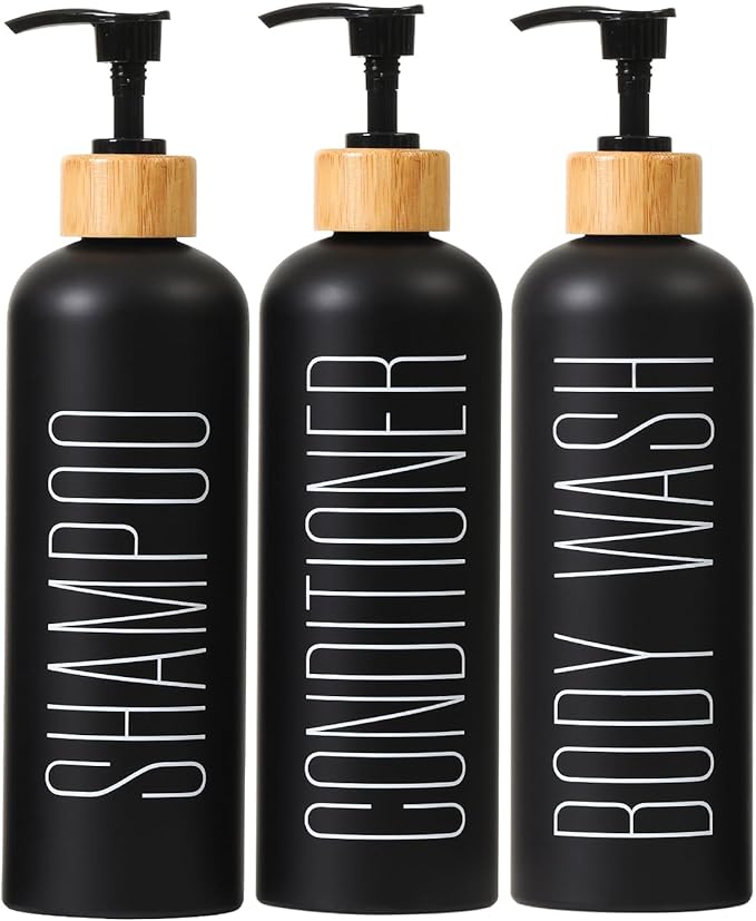 HOMCDALY 16oz 3-Pack Refillable Black Bathroom Shower Set - Empty Bottles with Pump for Shampoo, Conditioner, or Body Wash