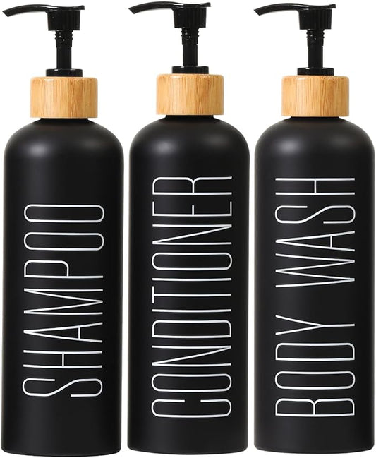 HOMCDALY 16oz 3-Pack Refillable Black Bathroom Shower Set - Empty Bottles with Pump for Shampoo, Conditioner, or Body Wash