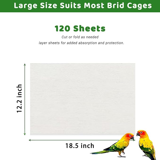 ZIQON 120 Pcs Bird Cage Liner Papers Big Size Cage Paper Liners Disposable Cage Paper Liners Precut Absorbent Cushion Pad Mat Accessories for Pet Bird Parrot (White, 18.5 * 12.2)