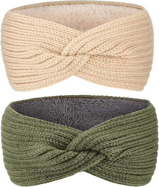 AQOKKA Knit Winter Headbands for Women Fuzzy Wool Fleece Lined Ear Warmers Elastic Turban Crocheted Head Wrap Winter Accessories for Women Cold Weather