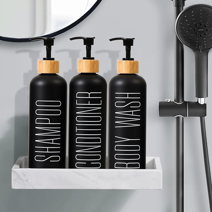 HOMCDALY 16oz 3-Pack Refillable Black Bathroom Shower Set - Empty Bottles with Pump for Shampoo, Conditioner, or Body Wash