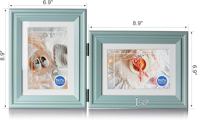 5X7 Double Wooden Hinged Picture Frame Vertical and Horizontal in Teal Blue, Display 4x6 with Mat or 5x7 without Mat, Folding Photo Frame with Real Glass Front for Tabletop X2-LAN-SH57