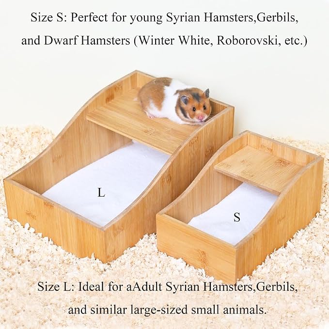0.3" Thick Bamboo Hamster Sand Bath Box, Pre-Assembled Wooden Sandbox with Platform & Curved Splash-Proof Design, Safe One-Piece Digging Container for Dwarf Hamsters, Robo, Mice, Small