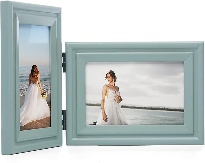 Vertical & Horizontal 4X6 Picture Frames Double Hinged Wood Folding Photo Frames with Real Glass Front Fit for Desktop or Tabletop, Teal Blue XLAN-V46-H64