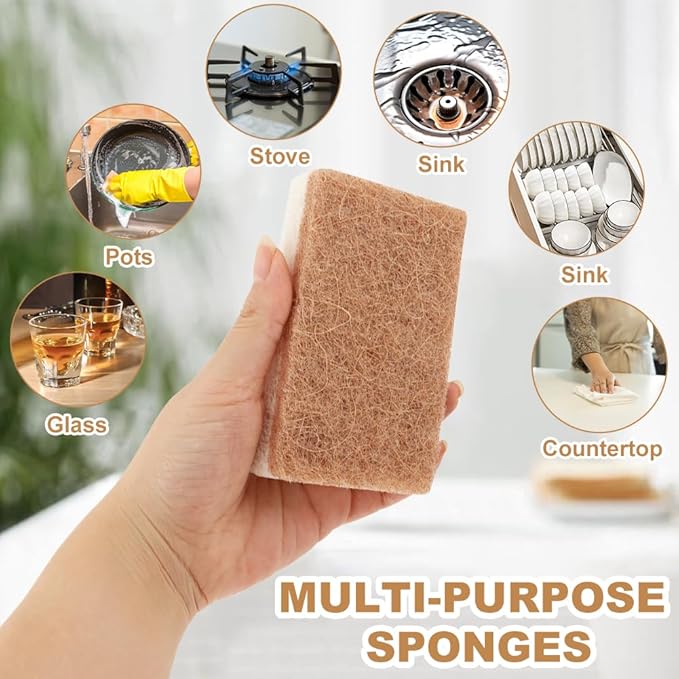 12pcs Natural Sponges for Dishes, Biodegradable Compostable Cellulose and Coconut Scrubber Sponge, Non-Scratch Reusable Cleaning Sponge for Removing Dirt and Oil in The Kitchen(Brown+White)