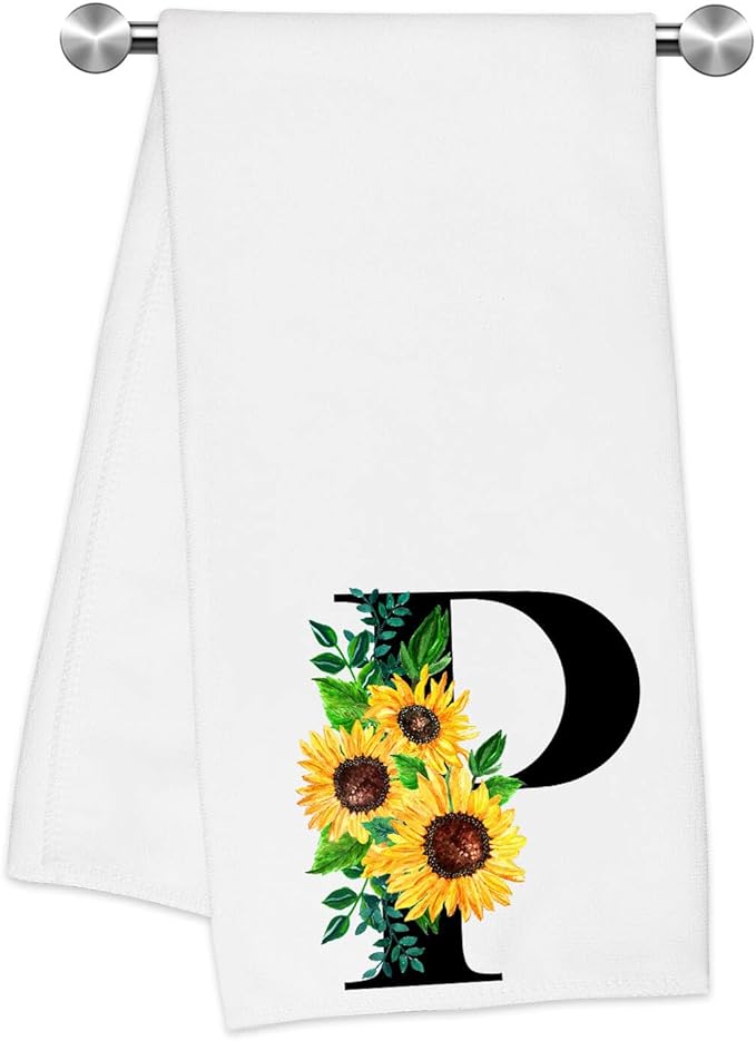 Monogrammed Sunflower Hand Towels,Ini-tial P Tea Towel Letter Kitchen Towels,Sunflower Gifts for Women,Monogram Dish Towel 17x23 Inch,Kitchen Bathroom Decorative Ini-tial Gifts for Mom Wife