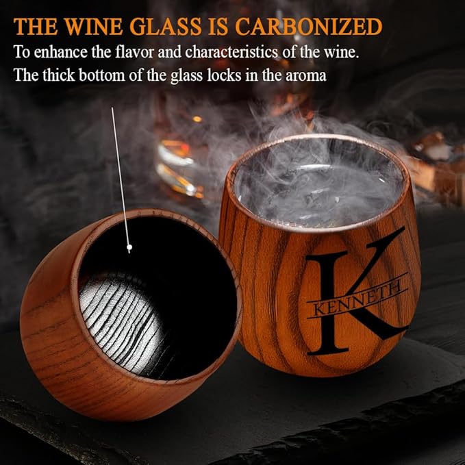 Personalized Wooden Whiskey Glass – Custom Bourbon Tumbler Old Fashioned Cups – Charred Bourbon Cup for Men, Dad, Husband, Brother, Boss – Groomsmen, Birthday, Retirement Gift (Custom Name)