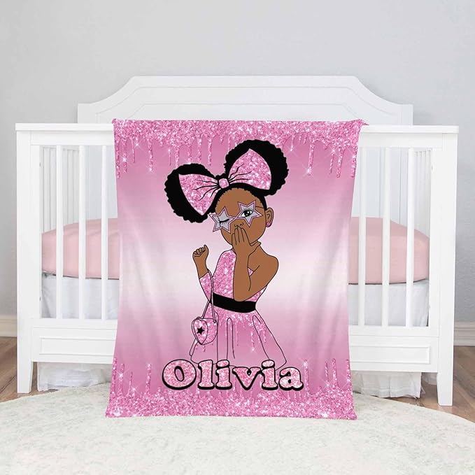 D-Story Custom Blanket Personalized with Name Text, Customized Flannel Throws Blankets Black Girl Blanket for Newborn, Toddler on Baby Birthday