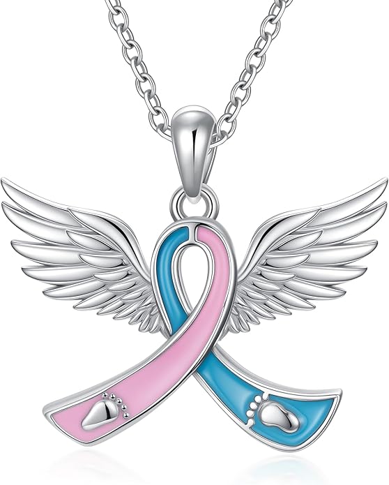 AOBOCO Miscarriage Gifts for Mothers 925 Sterling Silver Blue and Pink Ribbon Angel Wing Pendant Pregnancy Loss Awareness Sympathy Necklace Memorial Gift for Mom