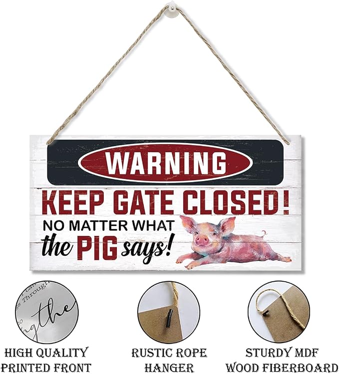 Warning Signs, Keep Gate Closed Pig Sign, Decorative Wood Hanging Wood Plaque, Warning Animal Pigs Sign, Funny Novelty Caution Pig Signs for Farm Fence Wall Gate Decor, Rustic Wall Plaque