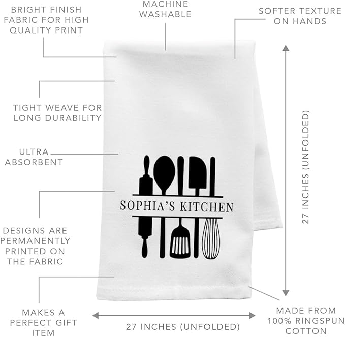 Andaz Press Personalized Kitchen Towel, Flour Sack Tea Towel, Custom Name Kitchen Gifts Utensil Design Birthday for Mom Daughter Grandma, Wife, Her, Housewarming Gift, Kitchen Decor