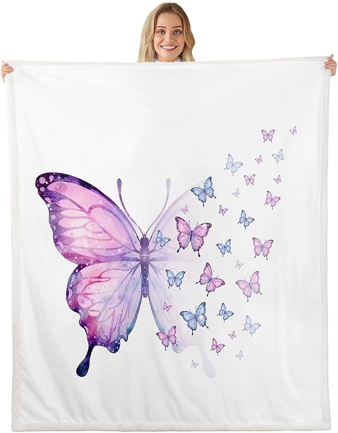 Feelyou Girls Butterfly Fleece Throw Blanket Baby 30"x40" Kids Purple Blue Sherpa Blanket Plush Fuzzy for Bed Couch Chair Living Room, Butterflies Lover Bed Blanket Room Decor