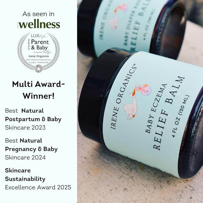 Irene Organics Baby Eczema Relief Balm, Healing Ointment Baby Moisturizing Cream for Eczema, Dry, Itchy Skin. Award Winning Baby Skincare for Sensitive Skin, Safe for Newborns, Kids and Adults