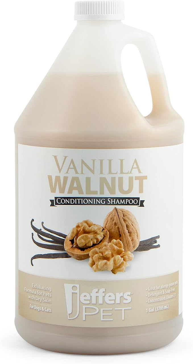 Jeffers Pet Vanilla Walnut Conditioning Dog & Cat Shampoo, 128 oz – Deodorizing Grooming Wash, Coconut Based Soap Free Formula, Walnut Oil & Vanilla Extract, Vitamins A D E, Concentrated Coat Care