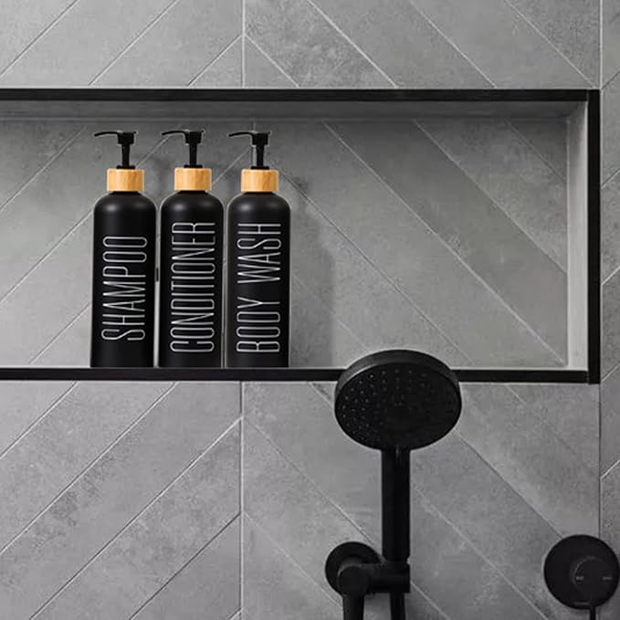 HOMCDALY 16oz 3-Pack Refillable Black Bathroom Shower Set - Empty Bottles with Pump for Shampoo, Conditioner, or Body Wash