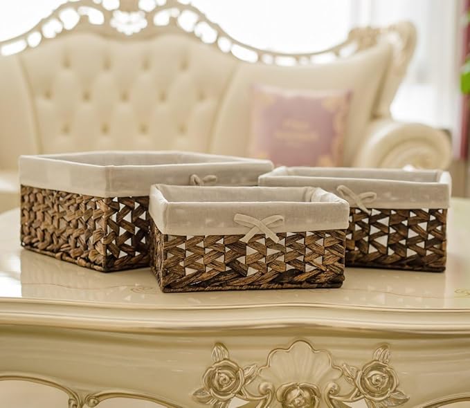 Rectangular Woven Seagrass Storage Bin with Handle,Kingwillow. (water hyacinth, Large)