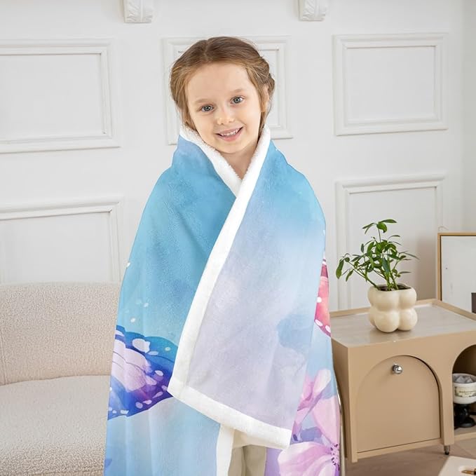Feelyou Blue Butterfly Fleece Throw Blanket Throw 50"x60" Kids Girls Sherpa Blanket Plush Fuzzy for Bed Couch Chair Living Room, Watercolor Floral Bed Blanket Chic Room Decor