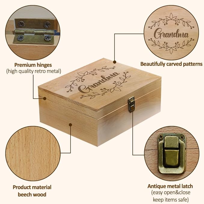arricraft 1 Pc Wooden Memory Keepsake Box, Grandma Gifts Memory Box with Hinged Lids Keepsake Chest for Souvenirs Picture Letter Storage Birthday Gifts for Women 9.6x7.6x4inch(24.5x19.5x10.3cm)