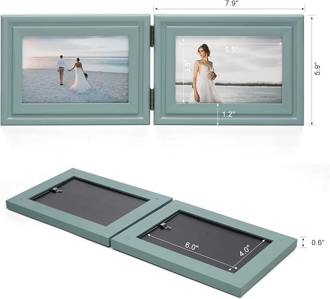 Horizontal 4X6 Picture Frames Double Hinged Wood Folding Photo Frames with Real Glass Front Fit for Desktop or Tabletop, Teal Blue XLAN-H64X2