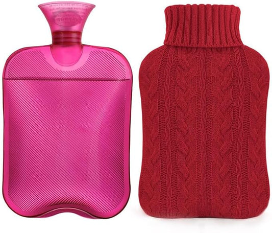 samply Hot Water Bottle with Knitted Cover, 2L Hot Water Bag for Hot and Cold Compress, Hand Feet Warmer, Ideal for Menstrual Cramps, Neck and Shoulder Pain Relief,Red